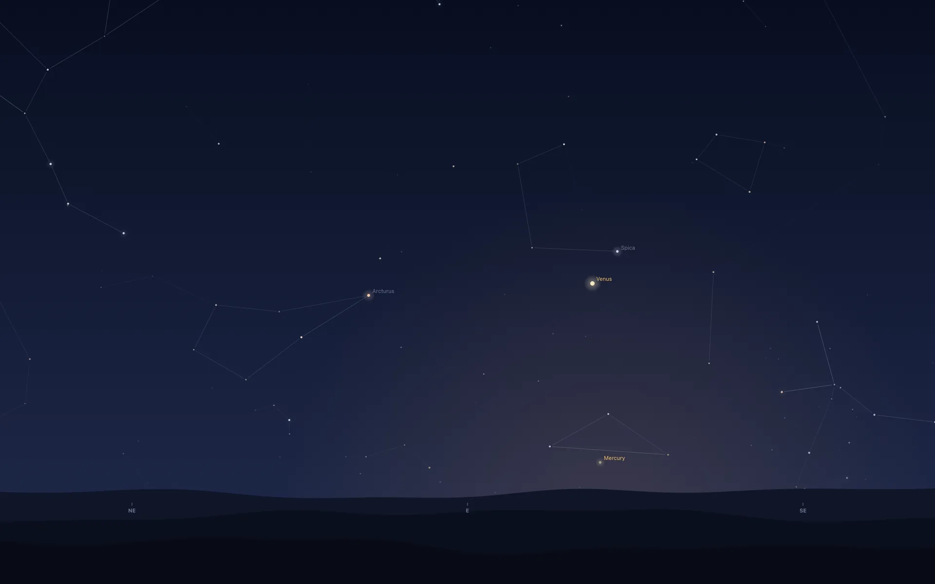 A pre-dawn sky facing east over dark hills, compass points NE, E and SE along the bottom and thin constellation lines between the stars. A bright dot labelled Venus stands well above the hills a little right of east, a star labelled Spica sits above it to the right, a dimmer dot labelled Mercury is close to the hills below, and a star labelled Arcturus is off to the left.