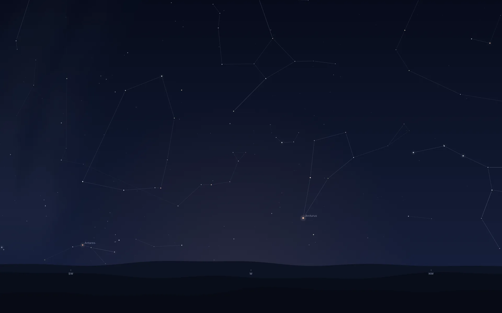 A night sky on a Mac desktop, facing west over New York: small stars joined by thin constellation lines above dark hills, Arcturus labelled right of centre and Antares low on the left, with compass marks SW, W and NW along the bottom.