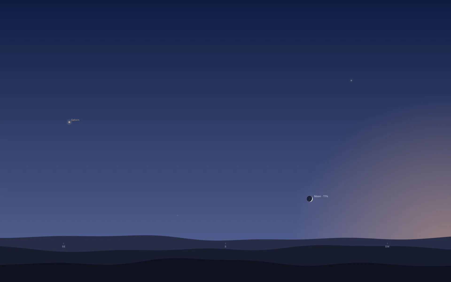 Orbit for Mac's desktop sky over London at dusk, facing south: a blue twilight sky with a thin crescent Moon labelled Moon 11% low between the S and SW marks, Saturn labelled up on the left above the SE mark, and a pink glow at the right edge past the SW mark, over dark hills.
