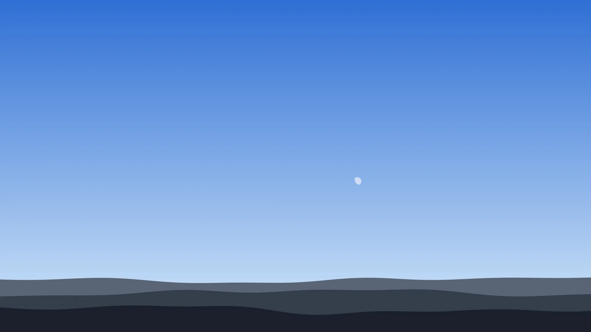 A clear daytime sky, deep blue at the top and pale near the horizon, over three layers of blue-grey and slate hills. A pale, mostly lit Moon sits a little right of centre.
