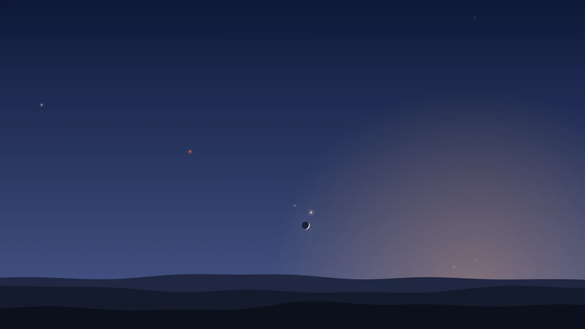 A dusk sky fading from deep blue at the top to pink-violet low on the right, over dark hills. Just above the middle of the horizon, a thin crescent Moon with a bright cream point right above it; a small red dot higher to the left.