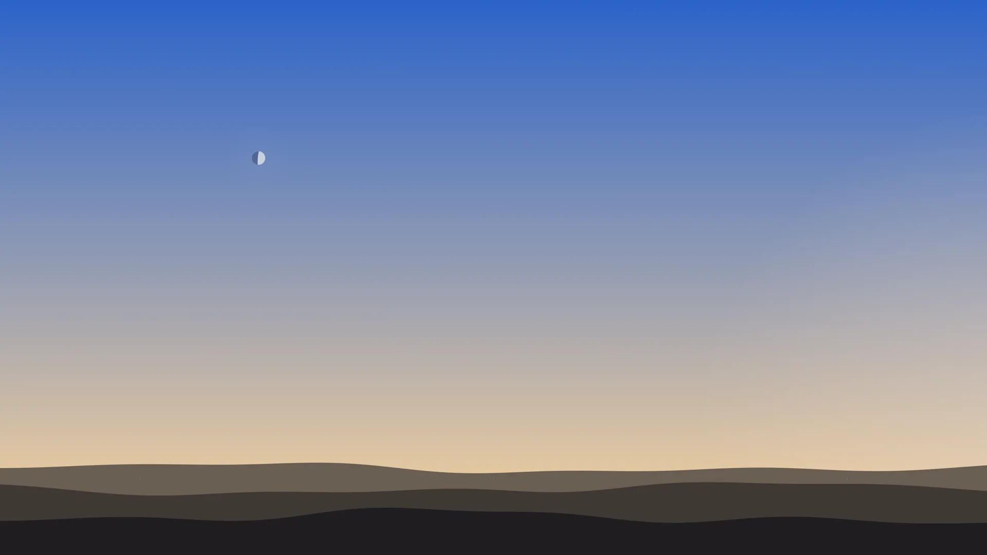 A late-afternoon sky fading from strong blue at the top to warm peach at the horizon, over three layers of brown-grey hills. Upper left, a small half-lit Moon.