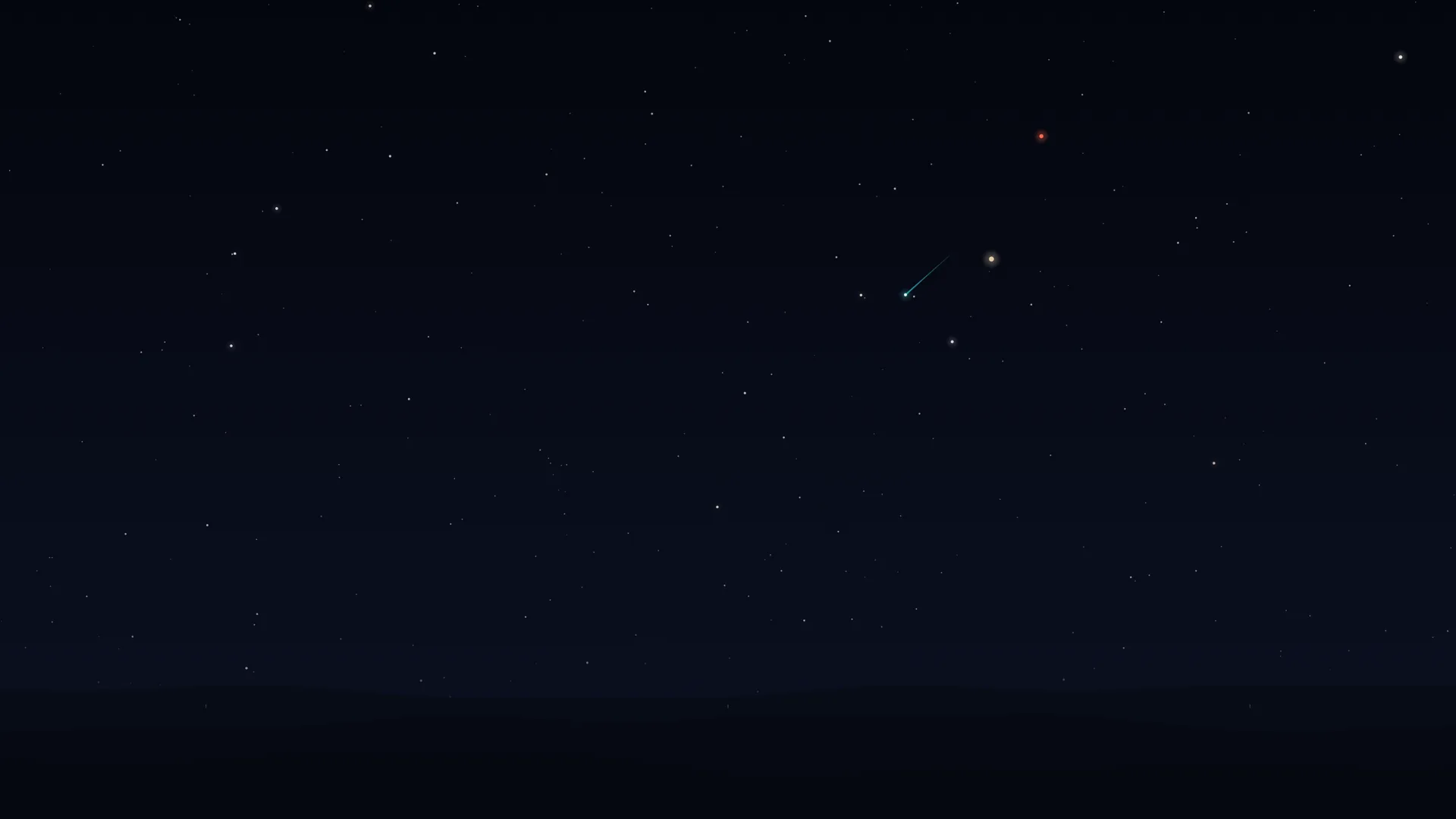 A dark starry sky above near-black hills. Right of centre, a small bright white-cyan point with a thin straight cyan streak behind it, reaching towards a bright cream-coloured dot; a reddish dot higher up and a white star below.