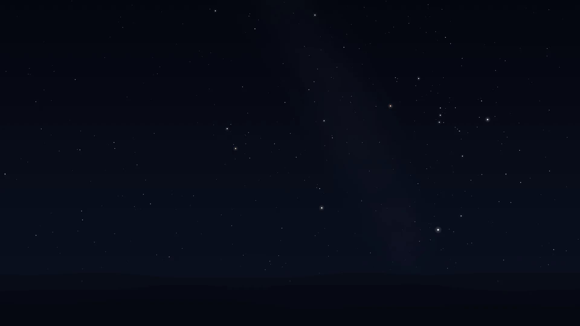 A dark blue night sky full of small stars above near-black hills, with a faint haze running up the middle. Upper right, the three stars of Orion's Belt between an orange star and a white one; low on the right, one very bright white star; another bright star below the middle.