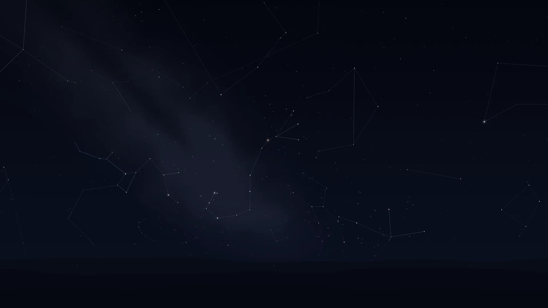 A dark night sky with thin constellation lines above near-black hills. In the middle, a long curling figure of stars with an orange star near its top; a faint pale band of light slants across the left half of the sky.