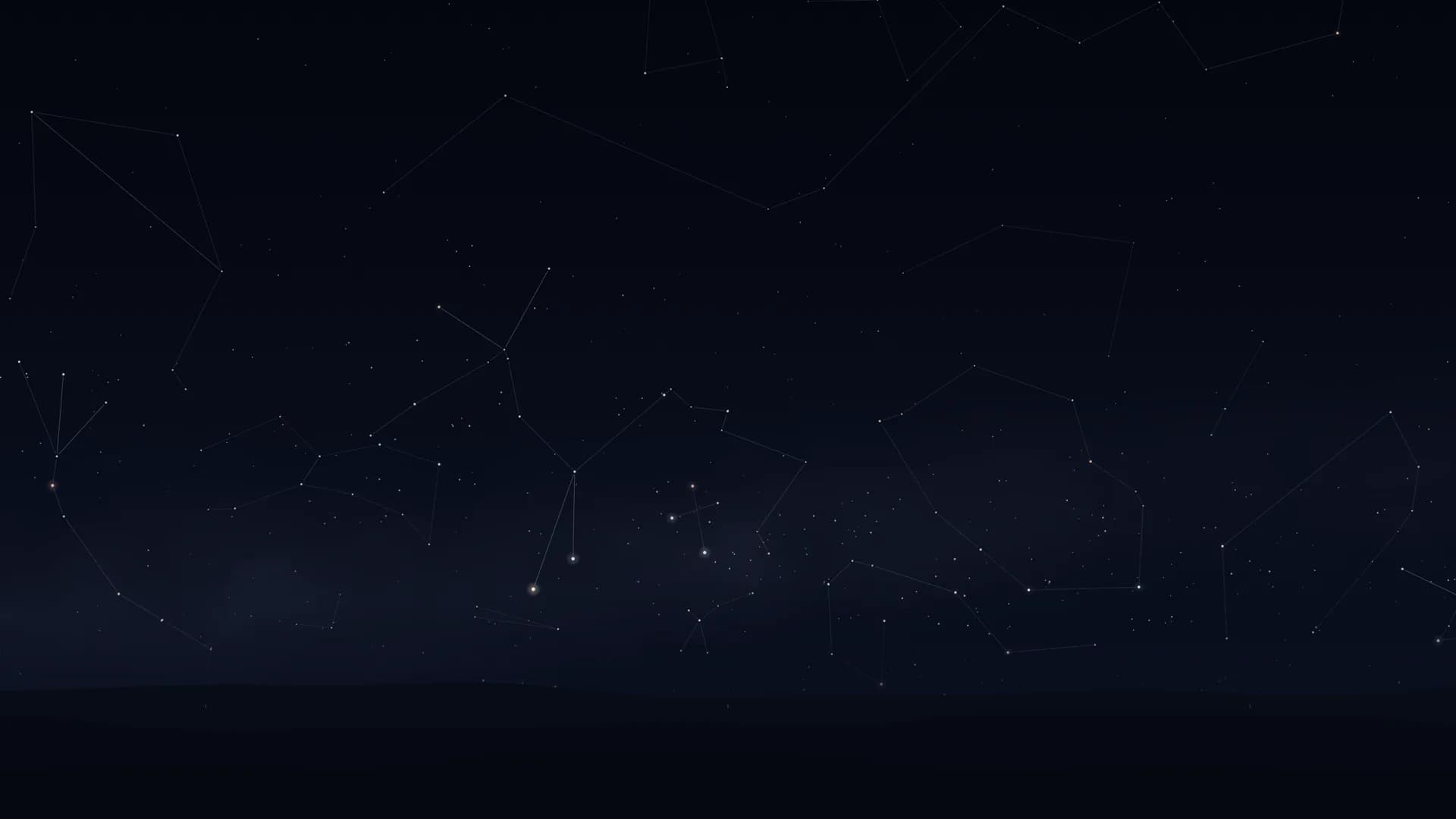 A dark night sky with thin constellation lines above near-black hills. Just left of centre and low, a small upright cross of four stars; to its left and lower, two bright stars close together.