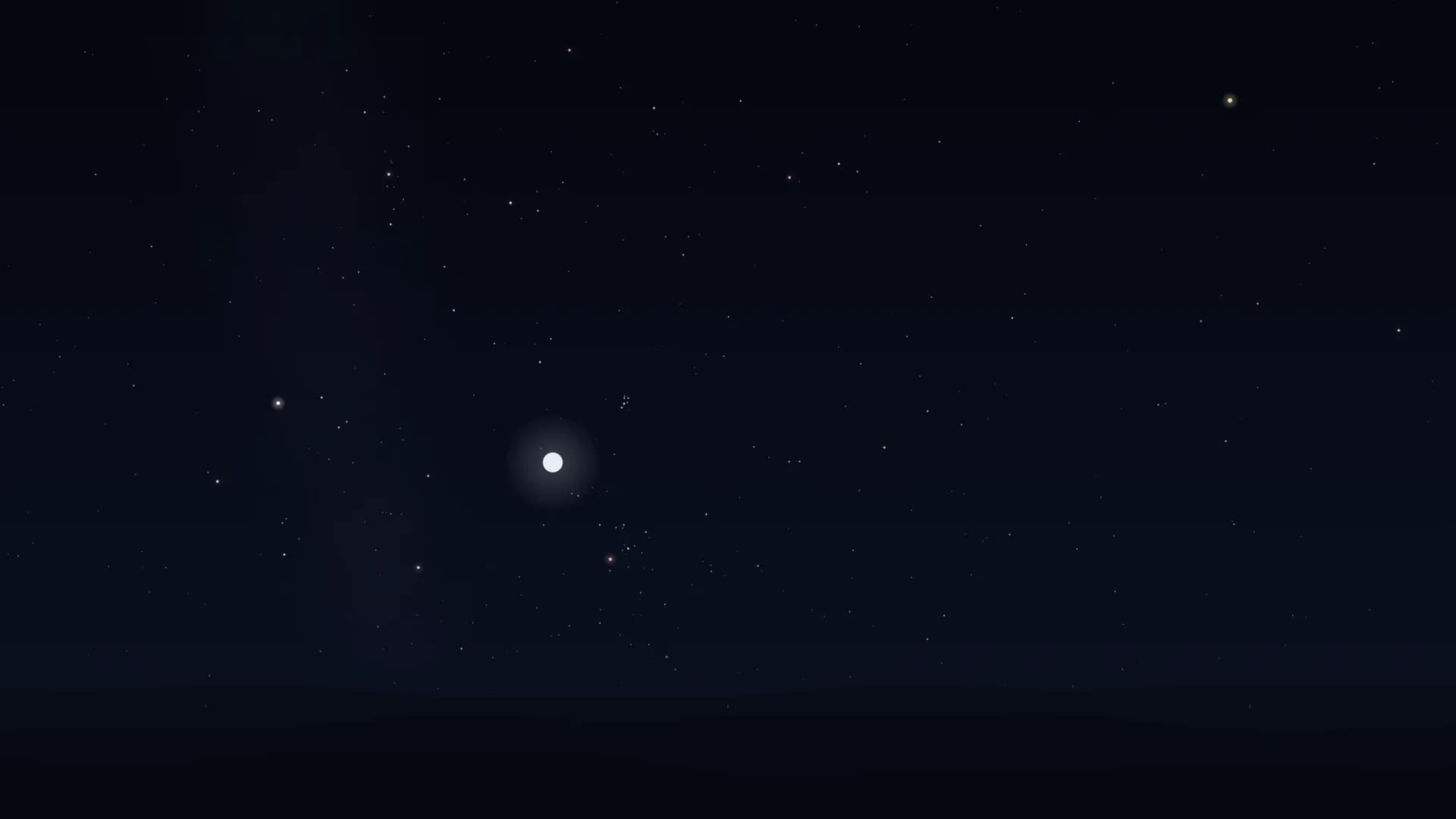 A full Moon in a soft round glow, left of centre in a dark starry sky above near-black hills. Above it to the right, a tiny tight cluster of stars; below right, an orange star; a bright yellowish point high on the right.