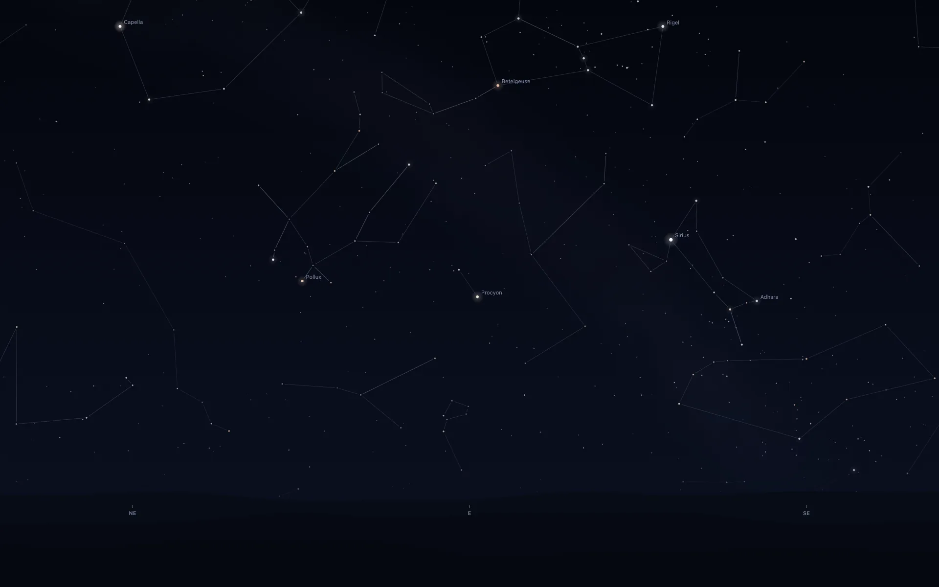 Night sky facing east with thin constellation lines. Labels name Capella, Betelgeuse, Rigel, Pollux, Procyon, Sirius and Adhara above dark hills marked NE, E and SE.