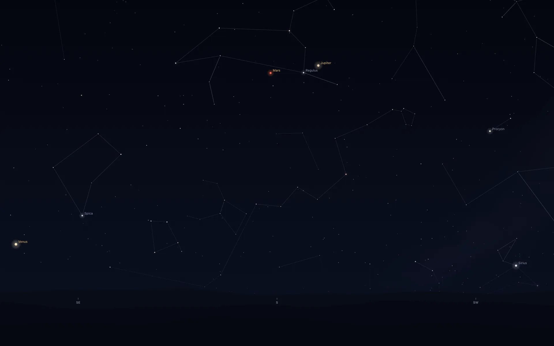 Night sky facing south with thin constellation lines. Labels mark Mars and Jupiter either side of Regulus near the top, Spica and Venus low on the left, and Procyon and Sirius on the right, above dark hills marked SE, S and SW.
