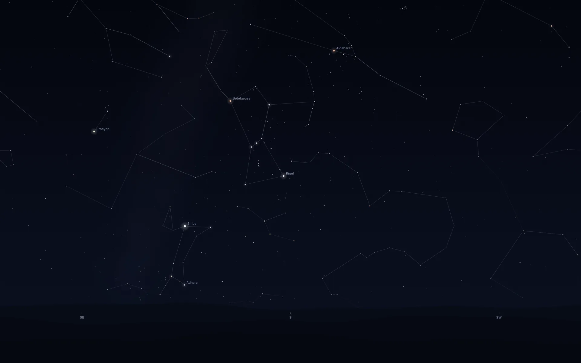 Night sky facing south over dark hills marked SE, S and SW, with thin constellation lines. Orion stands upright just left of centre: labelled Betelgeuse at the upper left, labelled Rigel at the lower right, and three stars slanting between them with a few faint dots below. Sirius is labelled at the lower left with Adhara beneath it, Procyon far left, Aldebaran upper right, and a small knot of stars sits at the top edge.