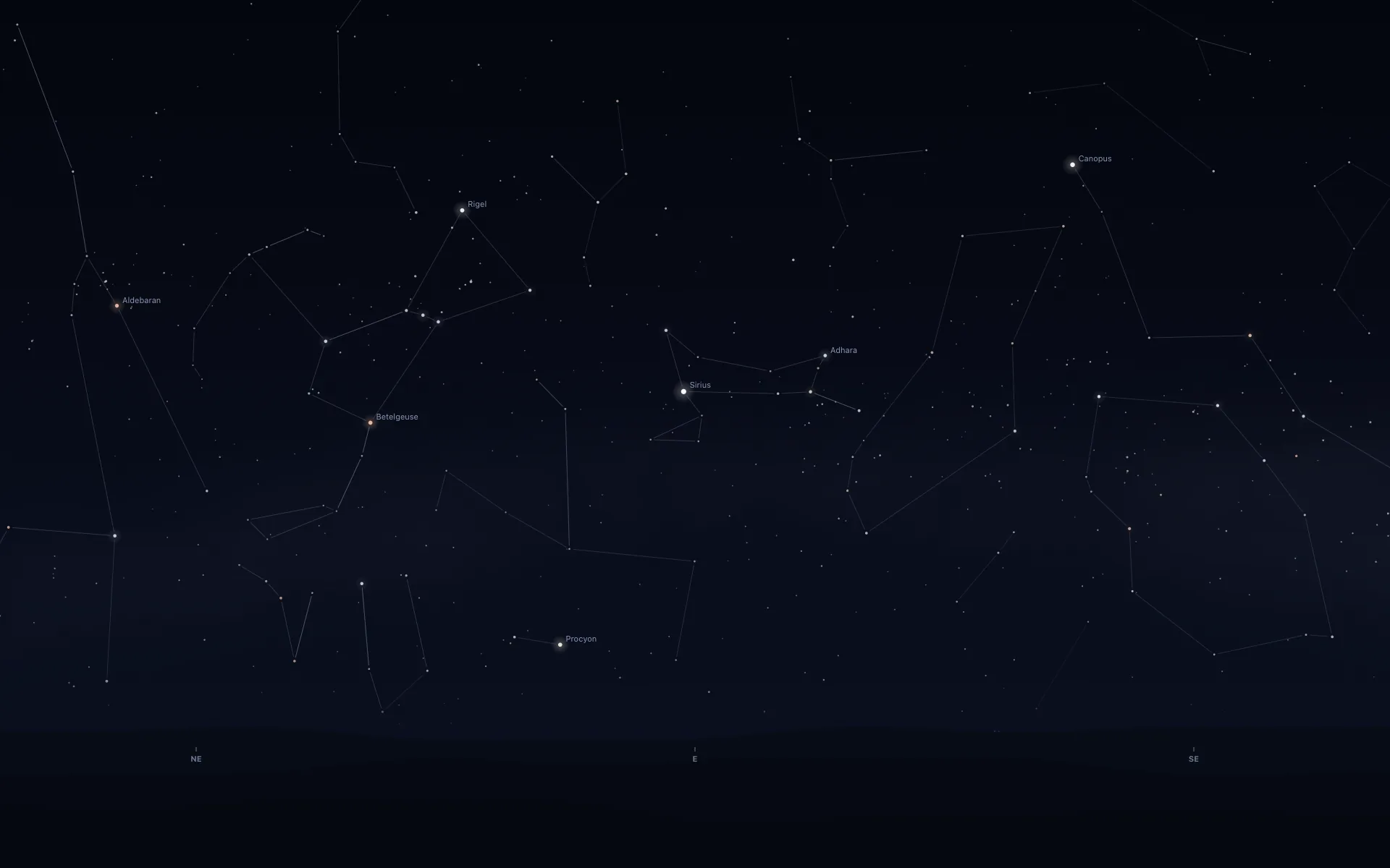 Night sky over Sydney facing east, with thin constellation lines and hills marked NE, E and SE. Left of centre, Orion appears upside down: labelled Rigel at the top, three unlabelled belt stars below it and labelled Betelgeuse lower still. Sirius is labelled to the right, a little lower than the belt, with Aldebaran at the left edge, Canopus high on the right and Procyon low in the middle.