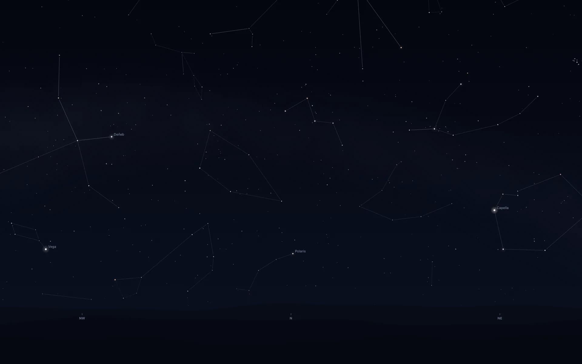 A dark night sky over dark hills, with compass letters NW, N and NE. Low above the hills over N, a star is labelled Polaris, with a faint line of stars running down to its left. High above it and slightly right, five stars are joined in a W. Deneb and Vega are labelled on the left and Capella on the right.