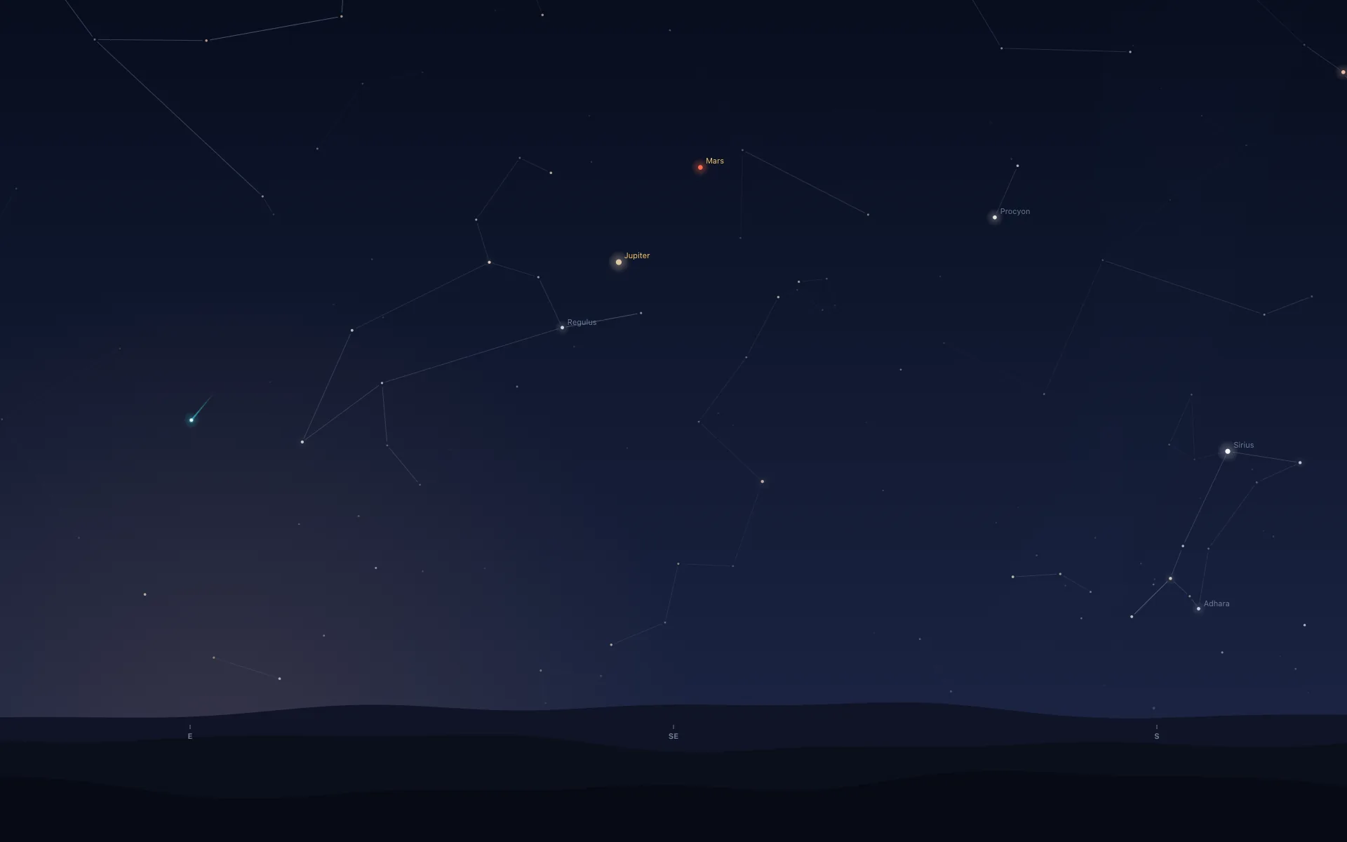 The same sky one minute later. The white point with its cyan trail is now halfway down the left side, while Mars, Jupiter, Regulus, Procyon and Sirius sit where they were.