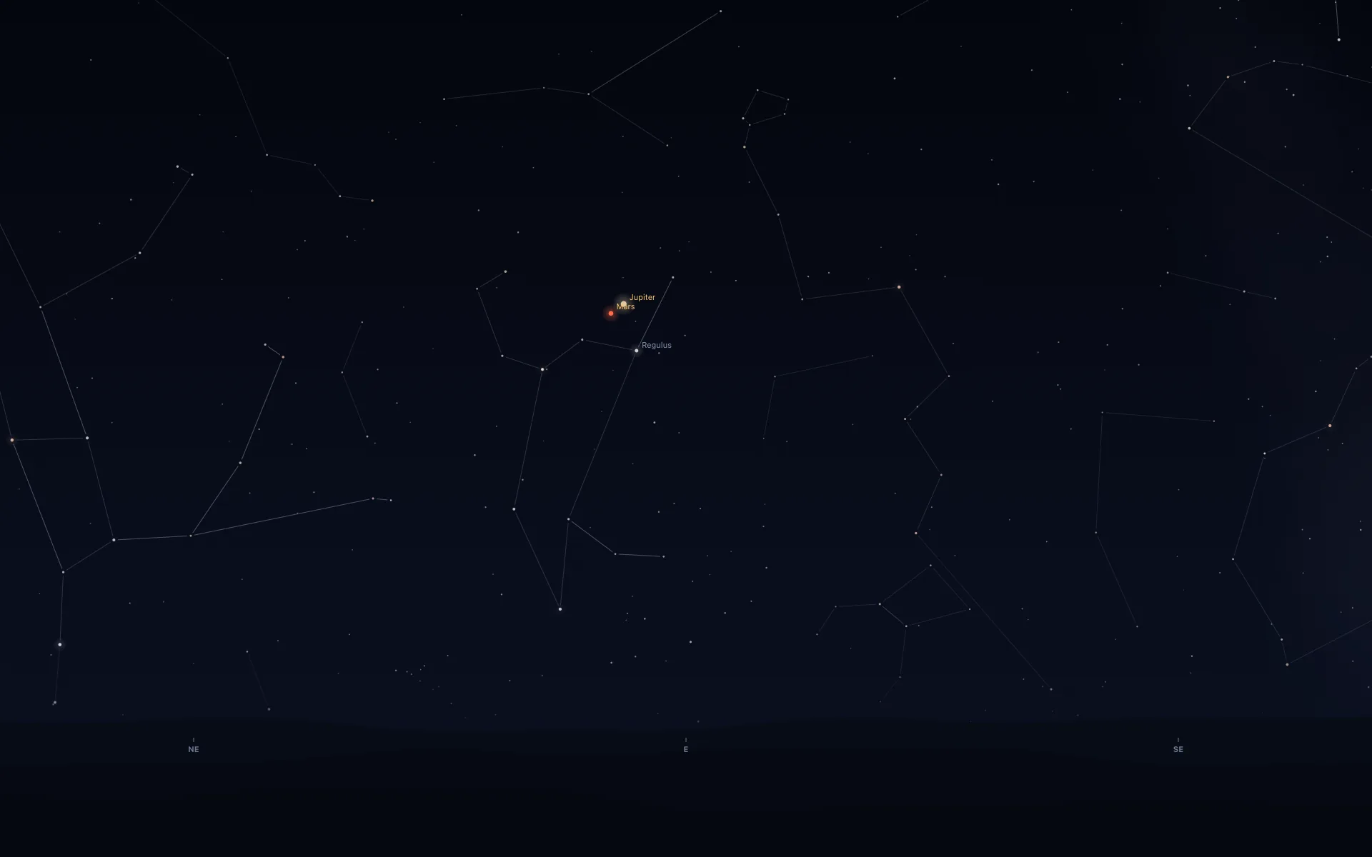 A dark night sky above low hills, with compass marks NE, E and SE along the bottom and faint constellation lines. Left of centre, a red dot labelled Mars and a brighter dot labelled Jupiter sit close together above a star labelled Regulus, which joins a hook-shaped line of stars.