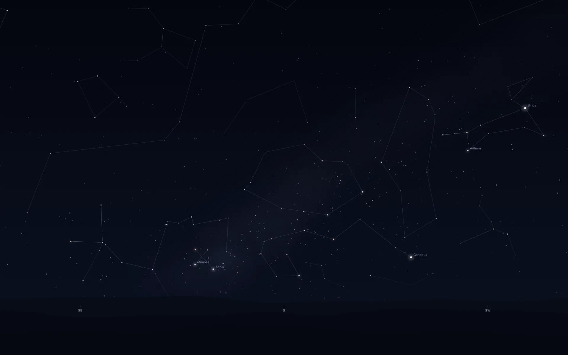 A dark night sky with thin constellation lines above near-black hills. Low on the left, a small tilted cross of four stars with two of them labelled Acrux and Mimosa. Canopus shines low on the right, Sirius and Adhara higher on the right. Compass letters SE, S and SW.