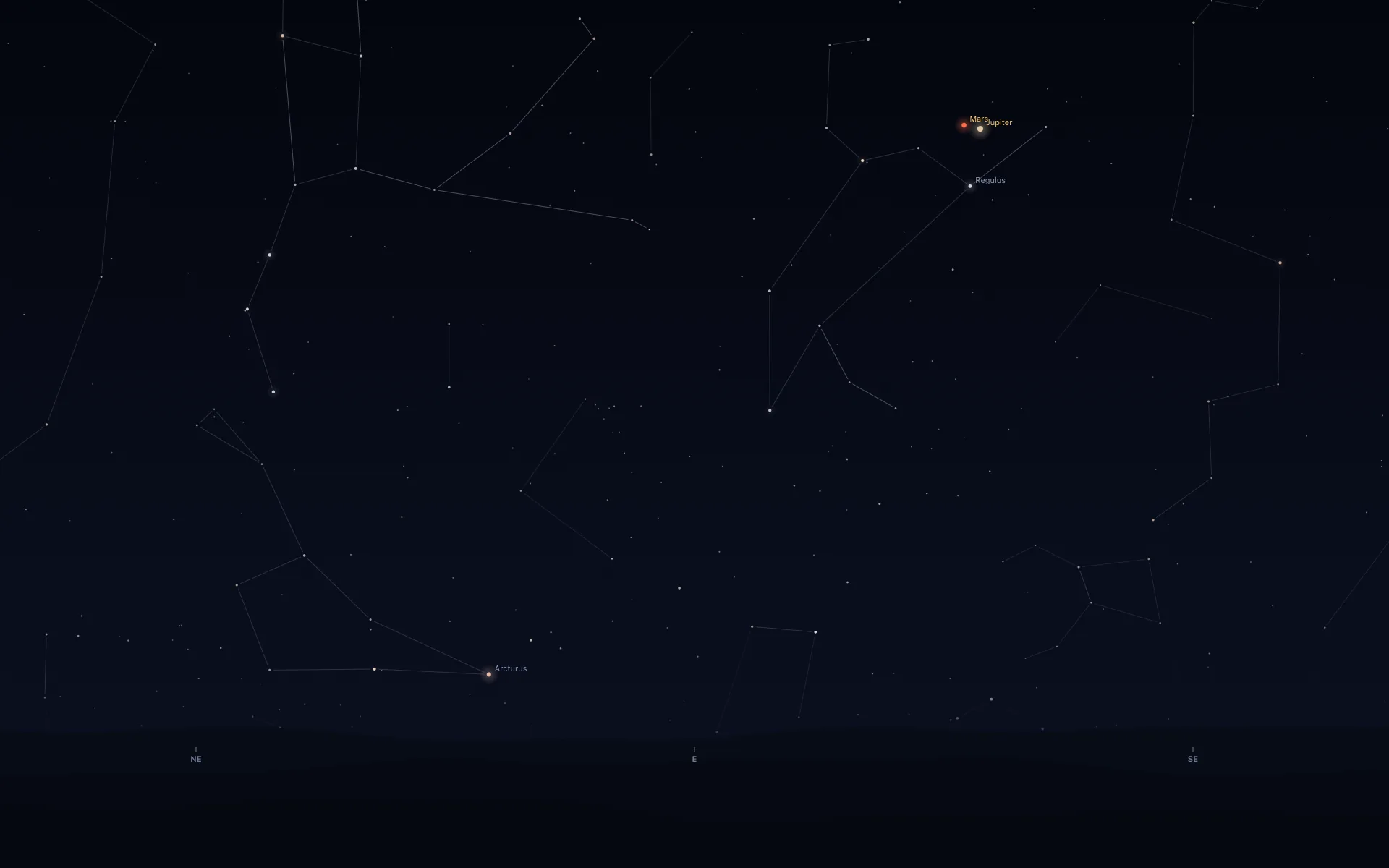 Orbit's drawing of the night sky facing east from New York, over dark hills marked NE, E and SE. High on the right a small red dot labelled Mars sits beside a larger cream dot labelled Jupiter, with a white star labelled Regulus below them on thin constellation lines. Low on the left is an orange star labelled Arcturus.