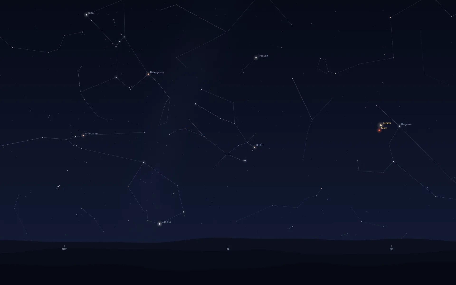 Orbit's drawing of the pre-dawn sky facing north from Sydney, turning blue towards hills marked NW, N and NE. On the right, above the NE mark, a cream dot labelled Jupiter sits just above a small red dot labelled Mars, with Regulus labelled to their right. Labelled stars include Rigel, Betelgeuse, Aldebaran, Capella, Procyon and Pollux, with Rigel drawn above Betelgeuse.