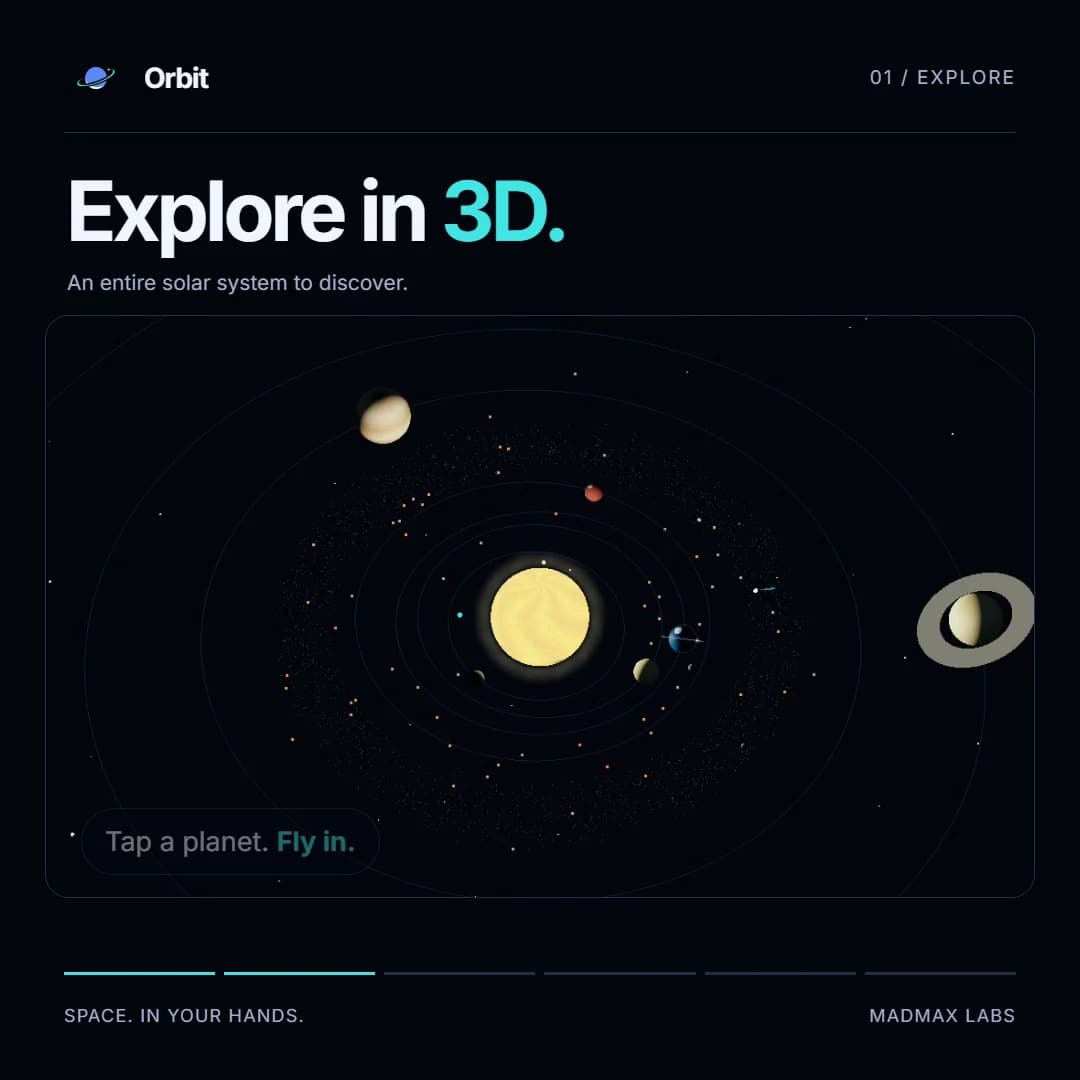 Orbit's 3D solar system with the Sun at the centre and selectable planets along their orbital paths.