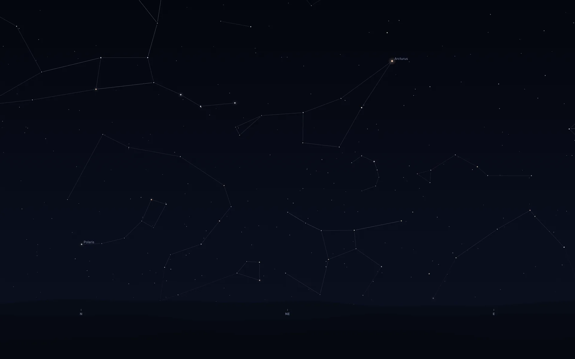 Night sky facing north-east with thin constellation lines. The Big Dipper is upper left, Arcturus is labelled upper right at the tip of a kite-shaped figure, and Polaris is labelled low on the left, above dark hills marked N, NE and E.