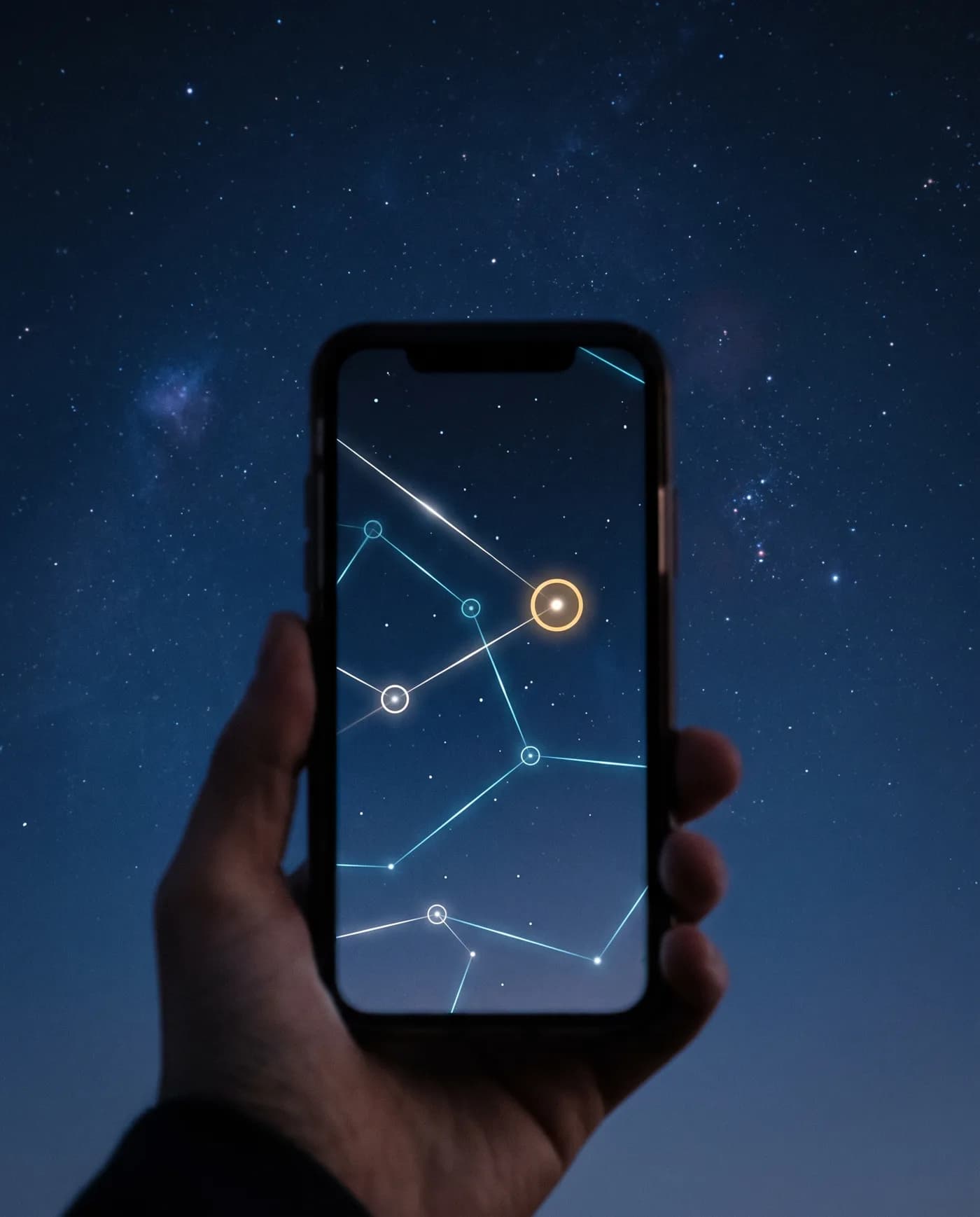 A hand holding a phone up to the night sky; the screen overlays constellation lines and star names on the real stars behind it.