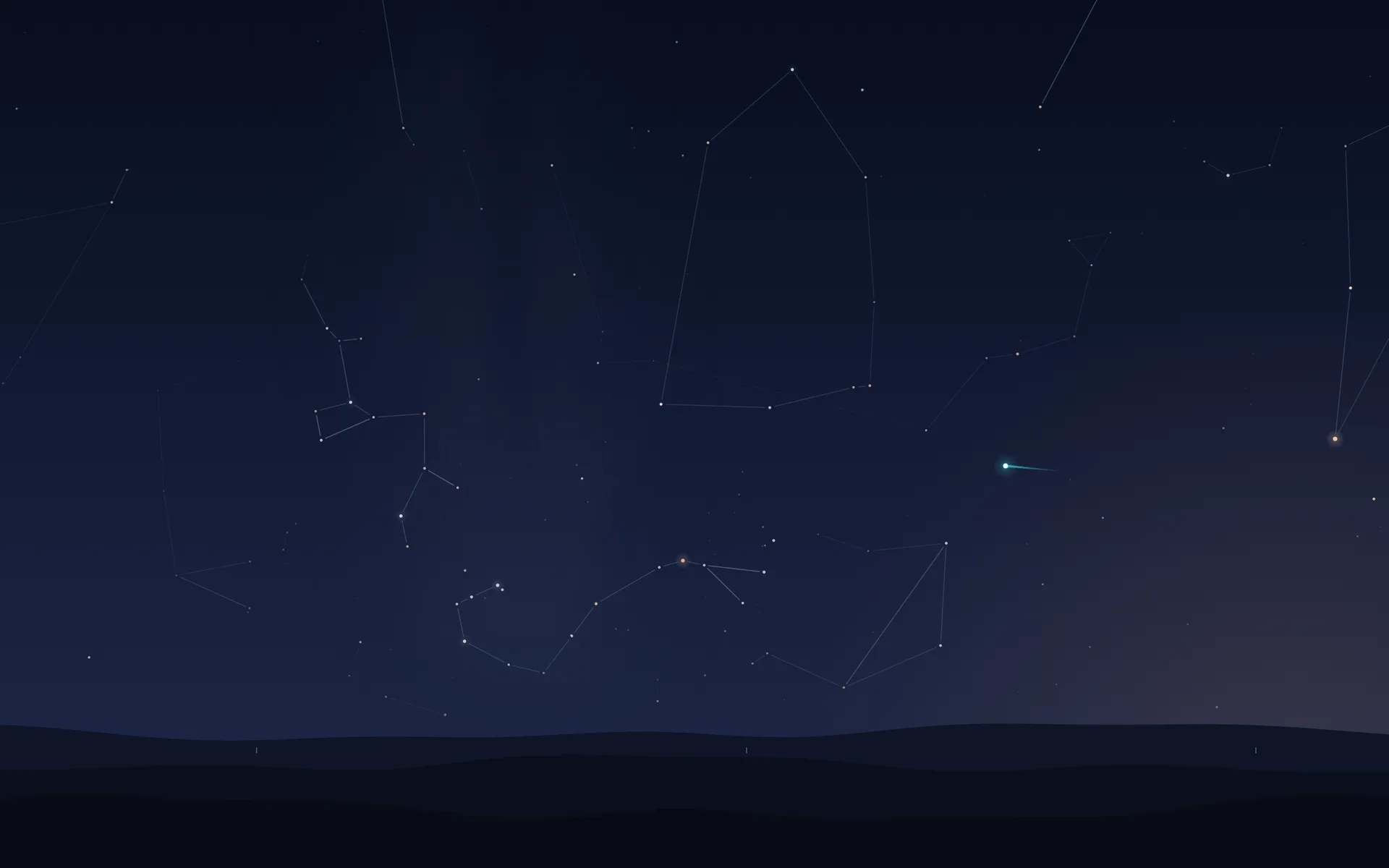 A Mac desktop drawn by Orbit: the space station crossing a dusk sky with a short trail, over far hills.