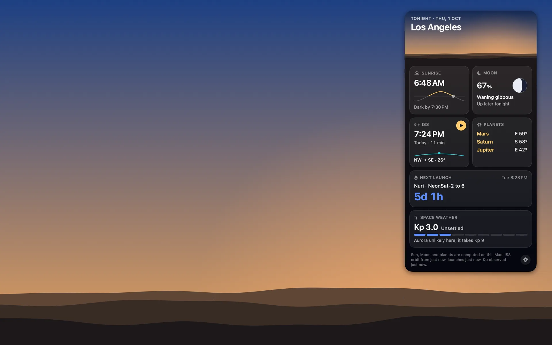 Orbit's briefing card hanging under the Moon in the menu bar over a sunset sky: the Sun, the Moon, the next ISS pass, the next launch and space weather as tiles.