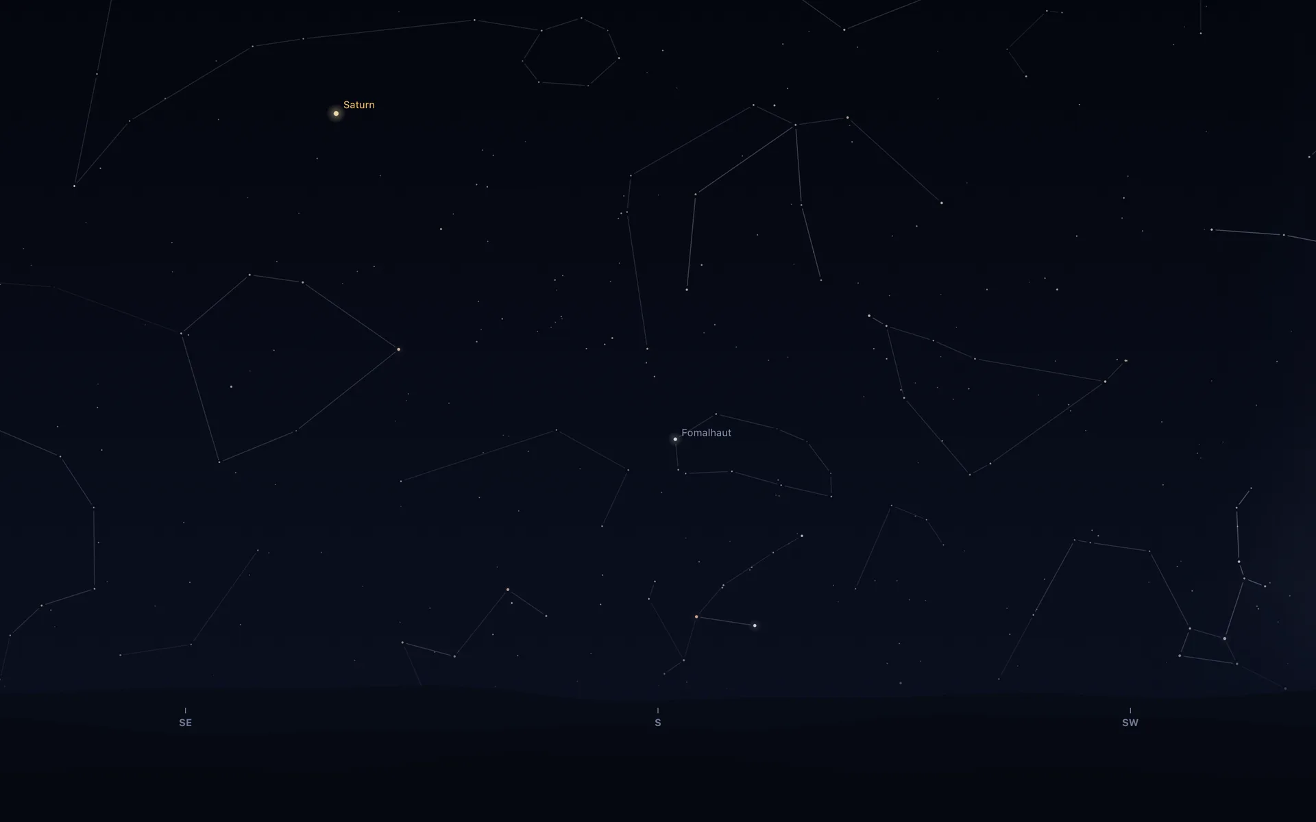 A Mac desktop at night drawn by Orbit: stars and constellation lines over far hills, facing south.
