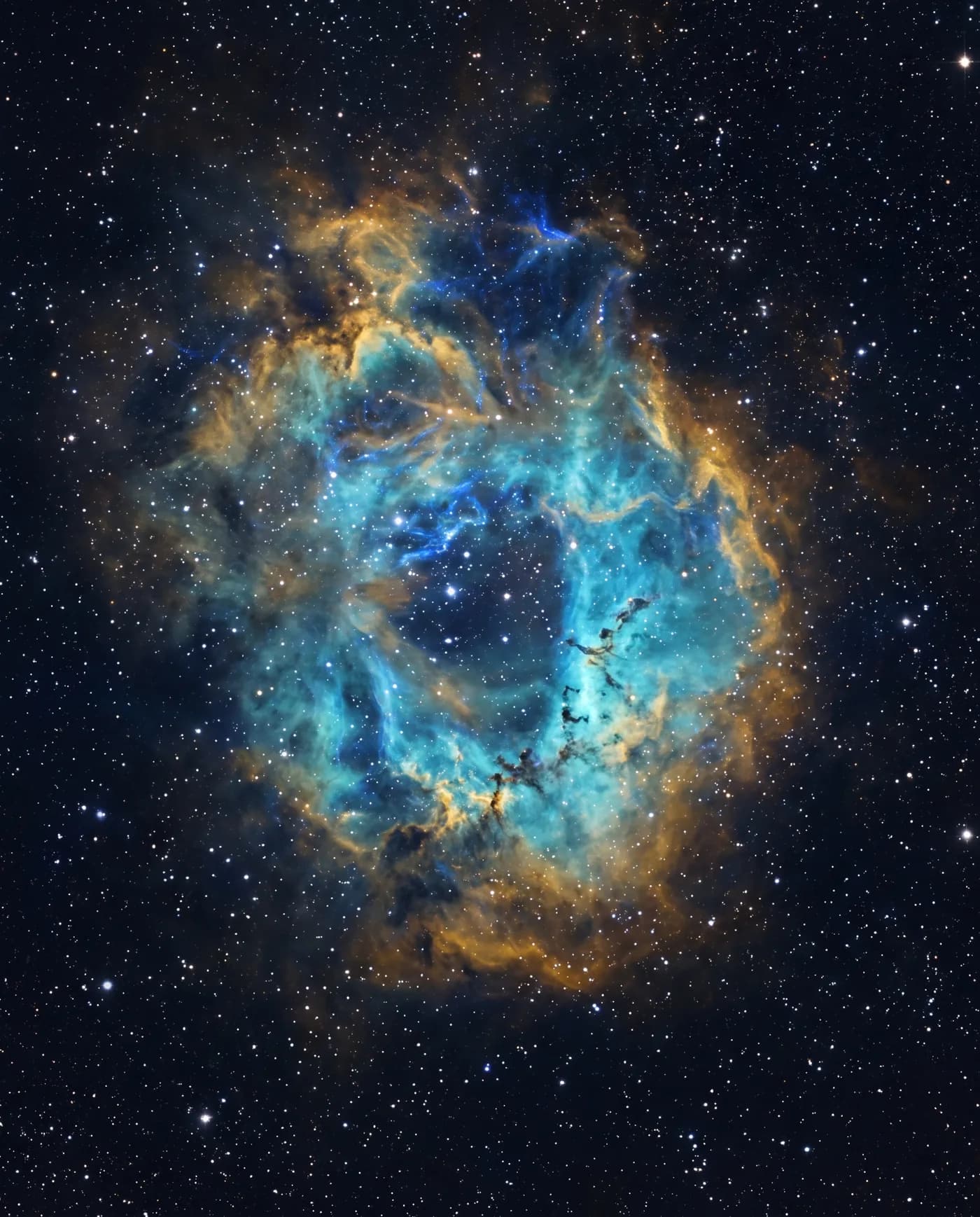 A glowing nebula in cyan and gold, a placeholder for NASA’s daily astronomy photograph.