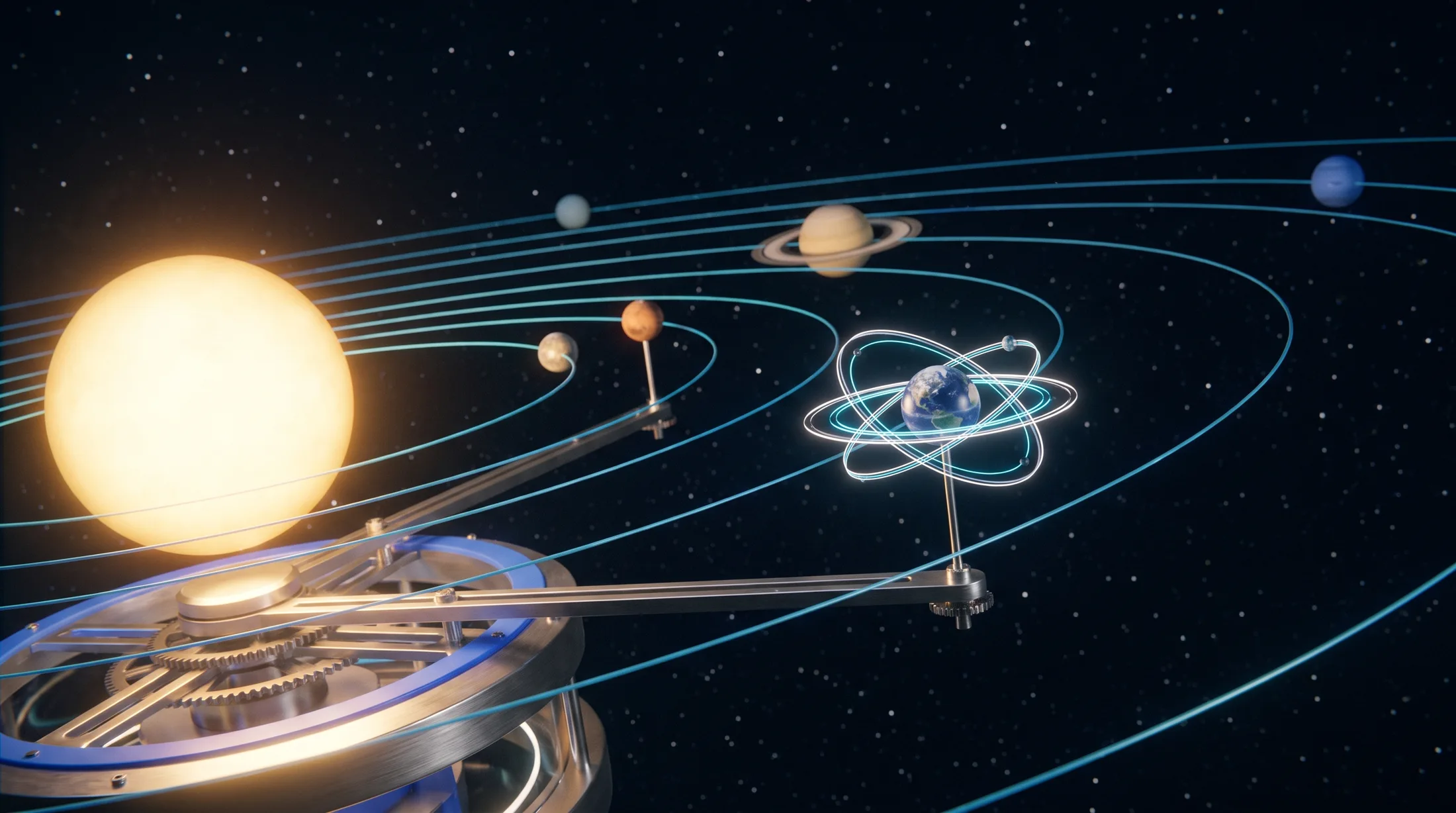 A three-dimensional map of the solar system: the Sun at the centre with the planets on their orbits.